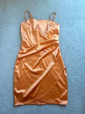 Square Neck Faux Wrap Satin Dress